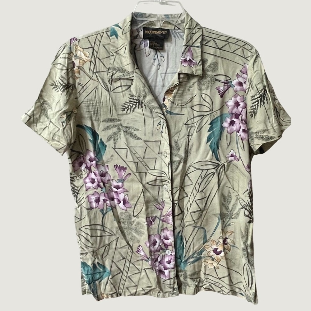 Vintage Requirements Womens Rayon Tropical Floral Button Down Shirt Small Green